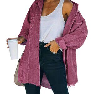 Womens Light Wine Oversized Corduroy Shirt Jacket Casual Button Down Retro